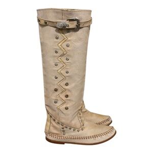 Women's Cream Leather Knee-High Moccasin Boots